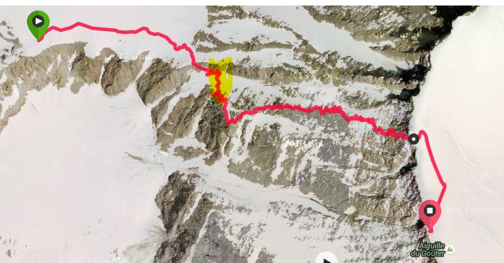 Vue satellite du trajet. En jaune le couloir du goûter.